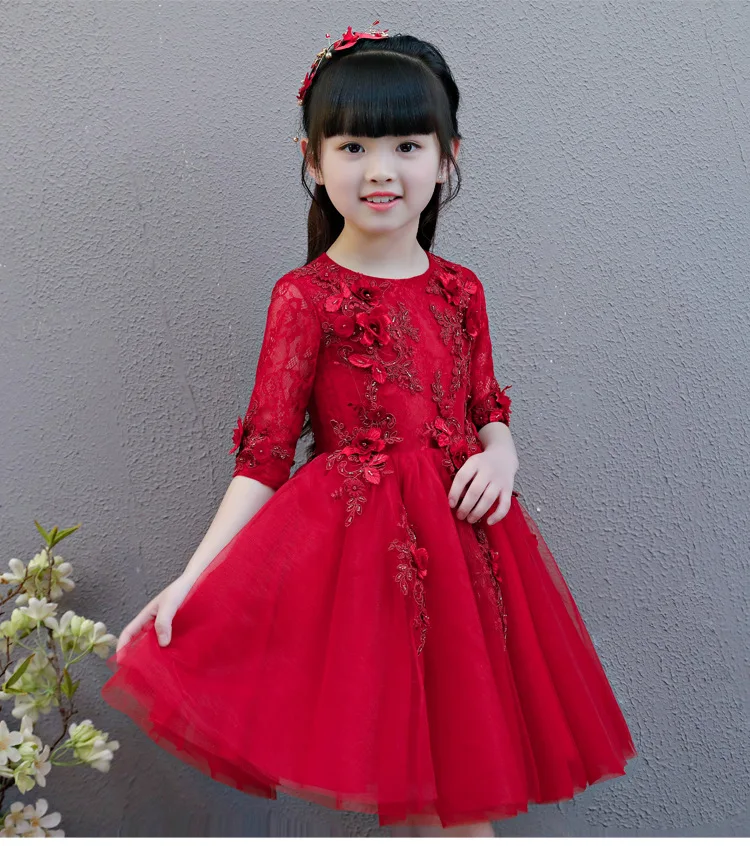 Glizt/Красное Кружевное платье принцессы; Сетчатое бальное платье на день рождения, свадьбу; торжественное платье с аппликацией из бисера для девочек; платья для первого причастия