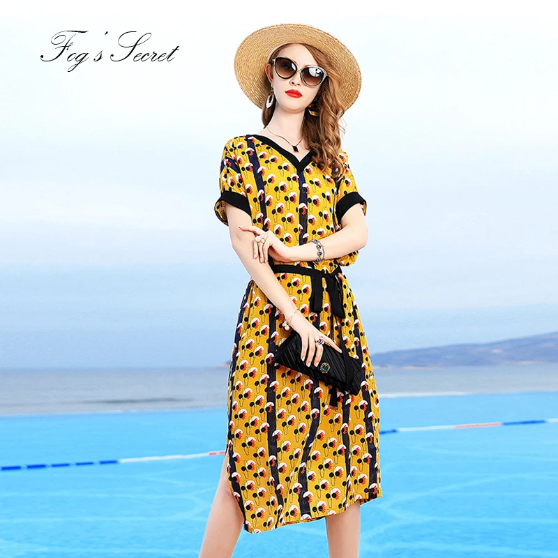 

Nature Real silk Print dress For Women V Neck Elegant Large size Thin Loose dresses with sashes 2019 Summer