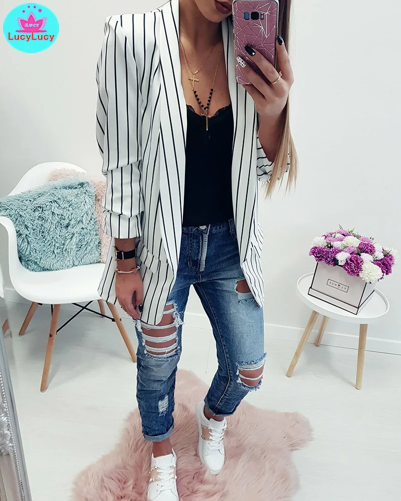 Spring and Summer Leisure Fashion Small Suit Long Sleeve Stripe Women's Jacket in Europe and America in 2019