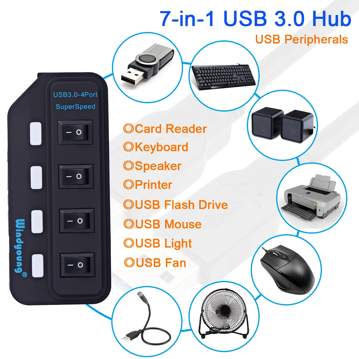 4-Порты и разъёмы USB Hub 3,0 High Скорость 5 Гбит концентратор USB 3,0 с коммутатором светодиодный многопортовый usb-адаптер для портативных ПК США/ЕС Мощность дополнительного адаптера