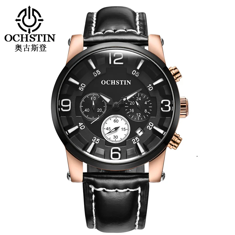 

OCHSTIN High Quality Luxury Men Fashion Quartz Watches Auto Date Clock Male Casual Genuine Black Leather Stop Watch Function