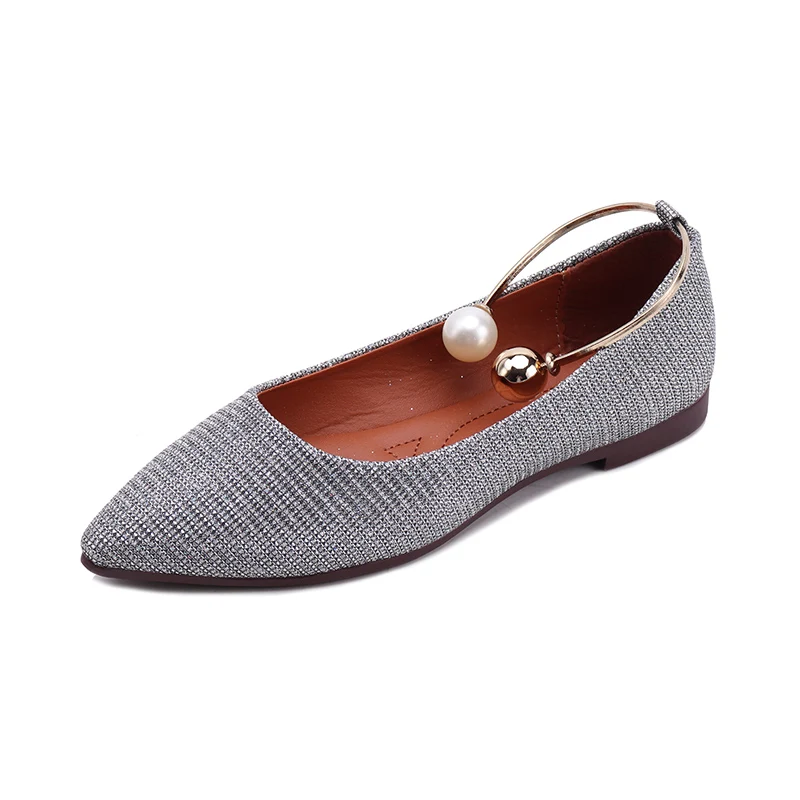 Printemps Métal Perle Paillettes Or 66h70 Chaussures Femmes argent À Sangle Ballet Plates Femme Appartements Tissu Cheville Dames Pointu En Bout rtqrpB