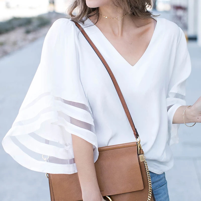 BBYES 2018 Women Summer Chiffon Flare Sleeve Tops Casual Loose Blouse Solid Patchwork Transparent Thin Blusa Shirts Femme Shirt Blouses