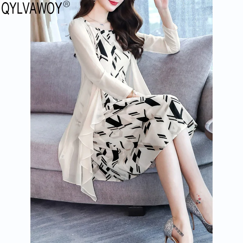 Комплект из двух предметов, шелковое платье, женская одежда, весенний Шелковый кардиган, винтажное корейское платье, элегантные женские платья, Vestidos 18RJ99193