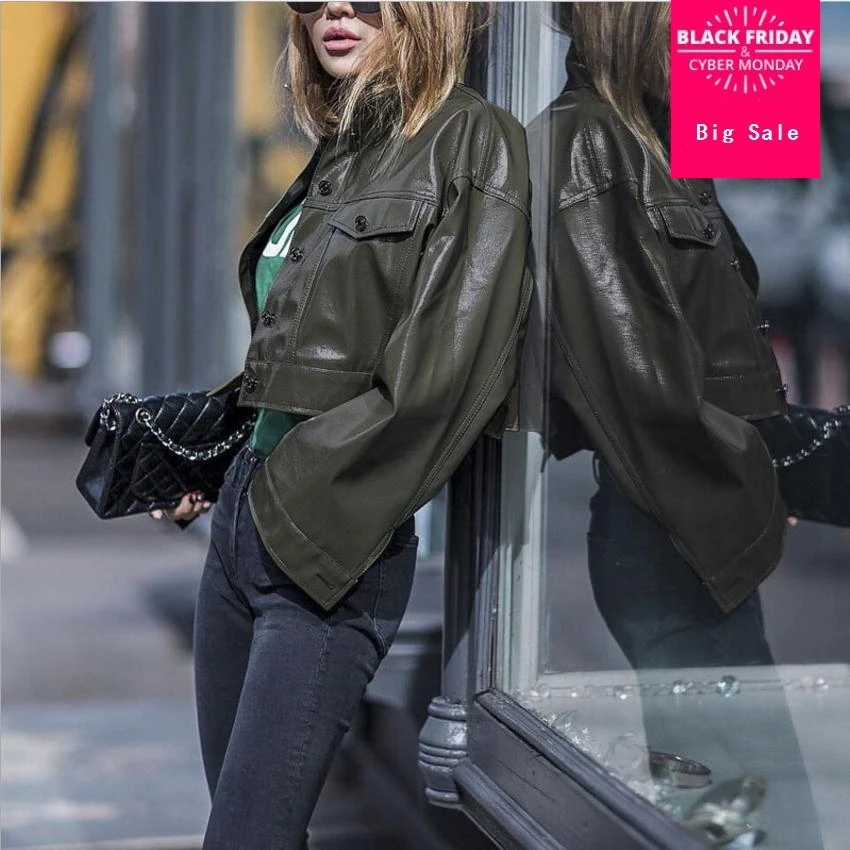 

2109 fashion brand green Patent leather jacket female Glossy fabric pu leather short coat European stations Slim jackets wj2717