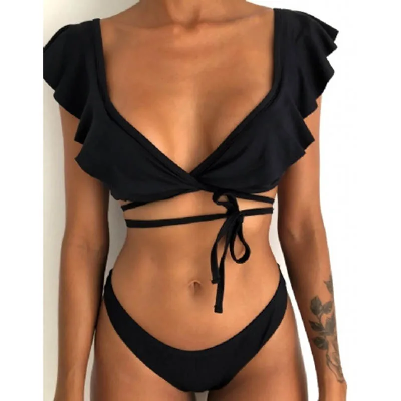Venta caliente del hombro estampado Ruffled Bikini Mujer 2018 nuevo traje de baño Sexy mujeres traje de baño Bikini brasileño conjunto Tanga Biquinis