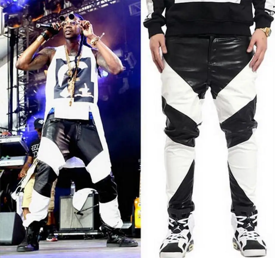 

27-46 2024 Men's Clothing GD Hair Stylist Fashion Black White Color Stitching Leather Pants Trousers Plus Size Singer Costumes