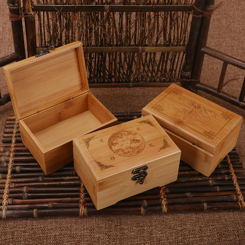 

Handmade Vintage Storage Box Bamboo Wooden Jewelry Box Stud Earring Earrings Ring Carved Designs Eco-friendly High-grade New