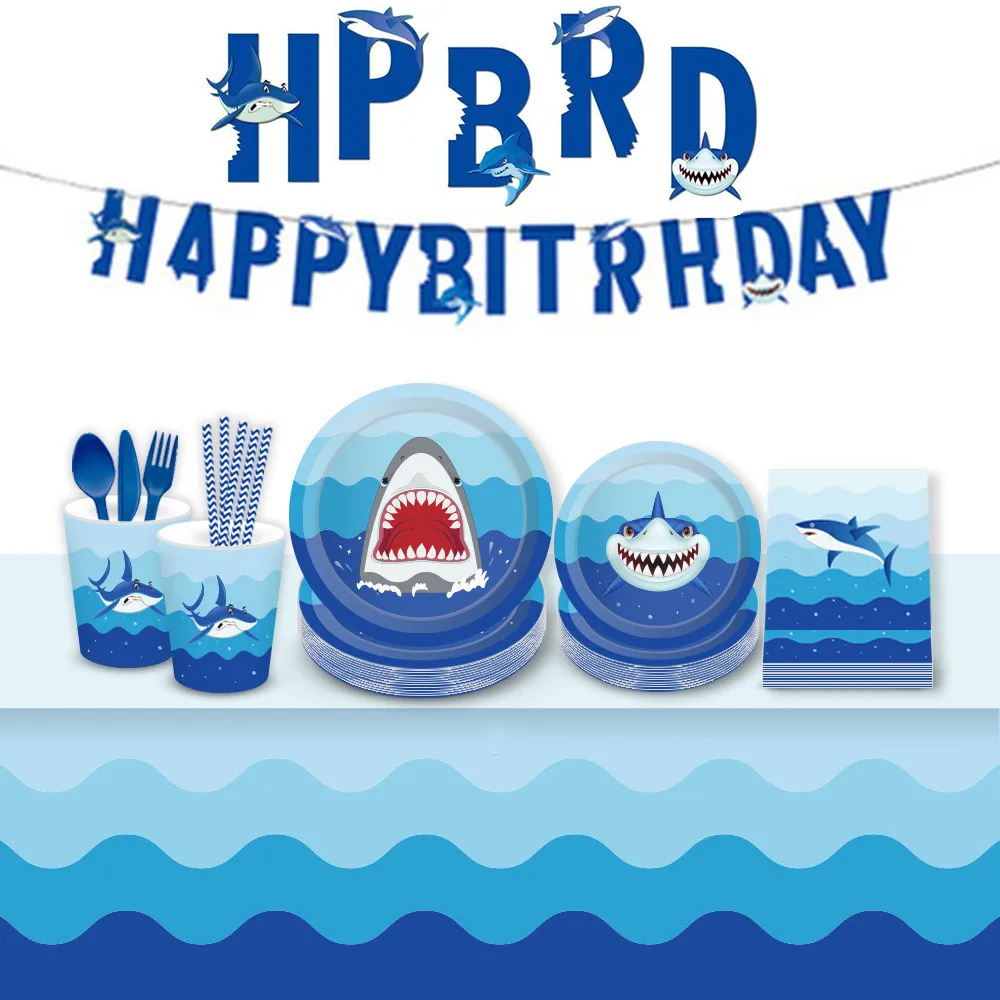 

Shark Party Decorations Disposable Tableware Sets Paper Plate/Cup/Napkins Kids Birthday Party Decor Supplies