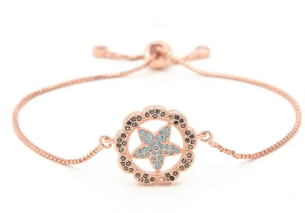 

gold silver rose gold Chain micro pave cz Zircon Cubic Zirconia bracelet rope adjusted Macrame h33 pentagram Bangle Jewelry