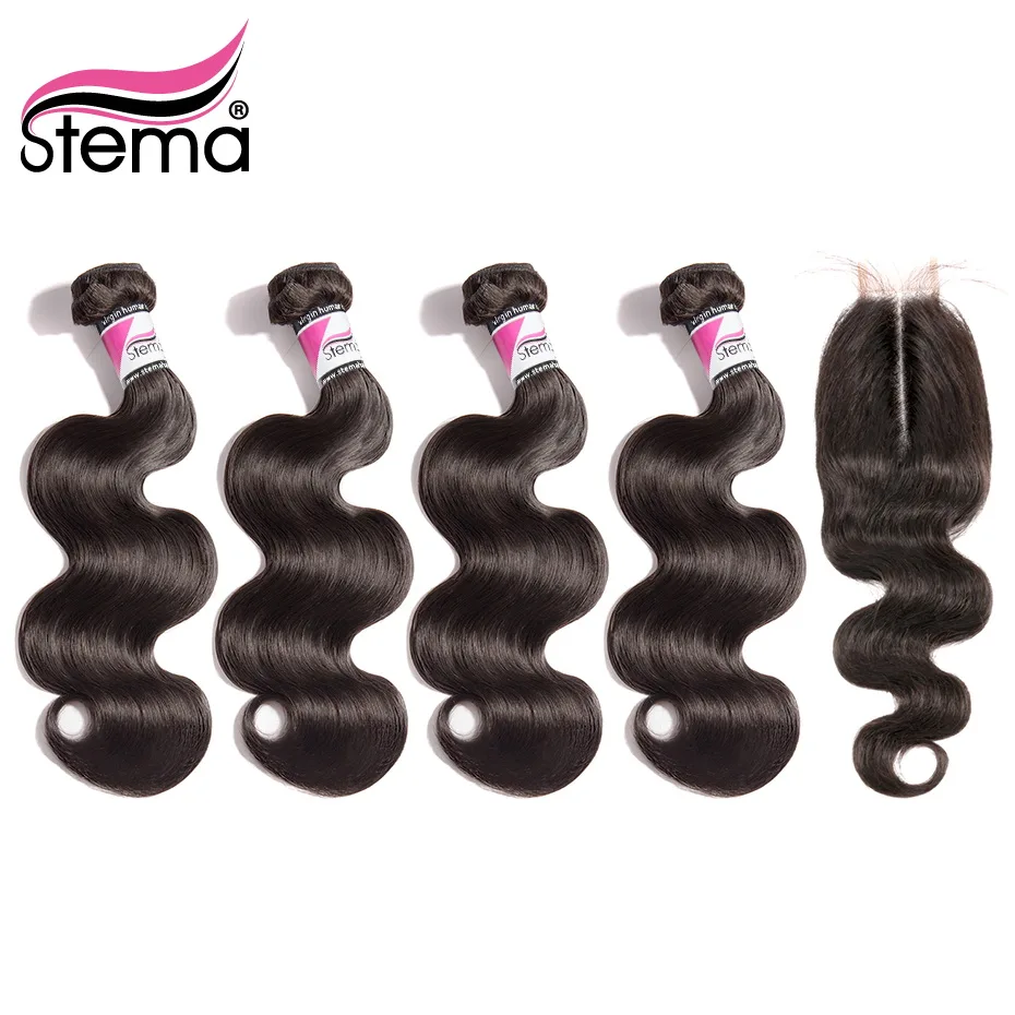 Stema Hair Bundles With Closure Deal Brazilian Body Wave 4 2x6 Lace Extension 100% Remy Human |