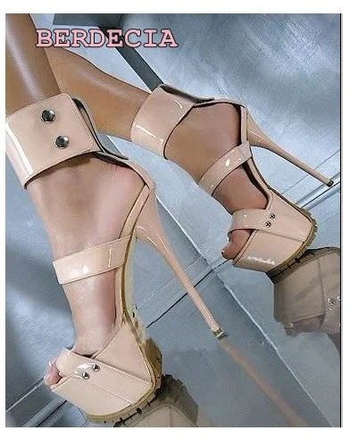 Trendy Women apricot  patent leather 16 cm high heel platform sandals open toe buckle strap stiletto heel shoes woman night-club