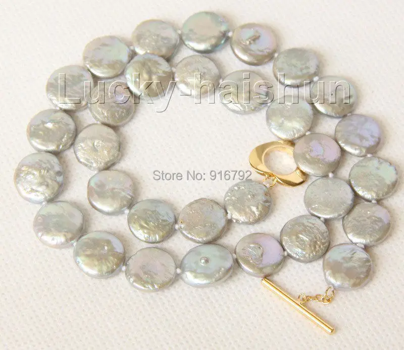 

YH@CS >>luster 16" 12mm coin fastener gray pearls necklace filled gold clasp