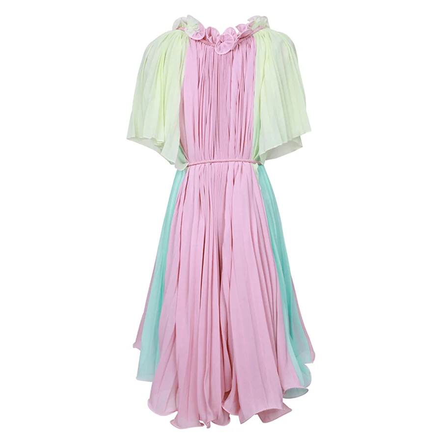 

VERDEJULIAY Runway Dresses Women 2019 Luxury Designer Elegant Ruffled Contrast Color Loose Style Holiday Pleated Midi Dress