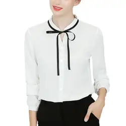 Для женщин блузки для малышек офисные с длинным рукавом галстук бабочка кнопка подпушка шифоновая блузка рубашка Топ сорочка Femme @ 30