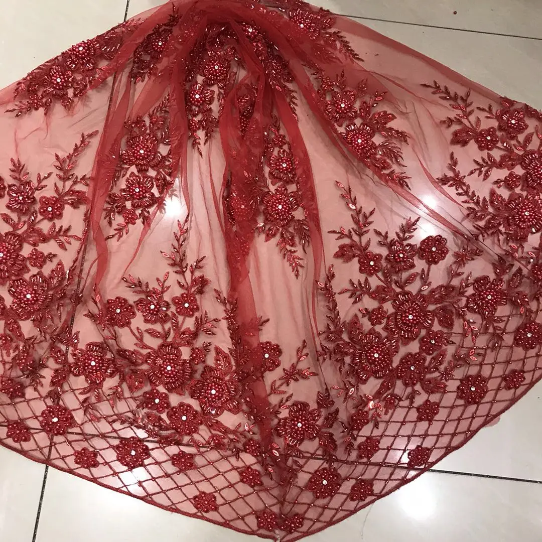 Последние Африканские кружева ручной работы бисером кружева французский чистая кружево для нигерийских вечернее длинное платье NX65us красный фиолетовый