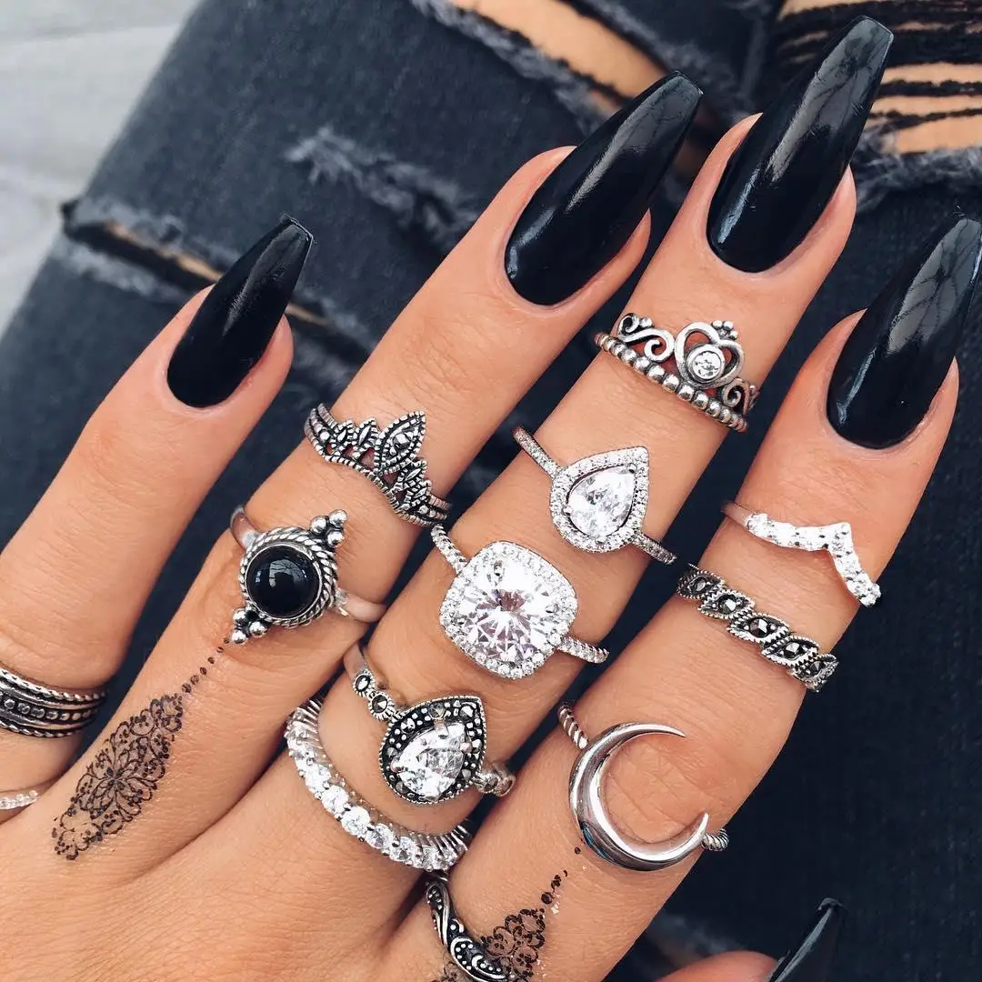 

10 PCS a Set of Fashion Women's Vintage Ancient Silver Full Rhinestone Glass Crystal Moon Ring Set Jewelry for Party
