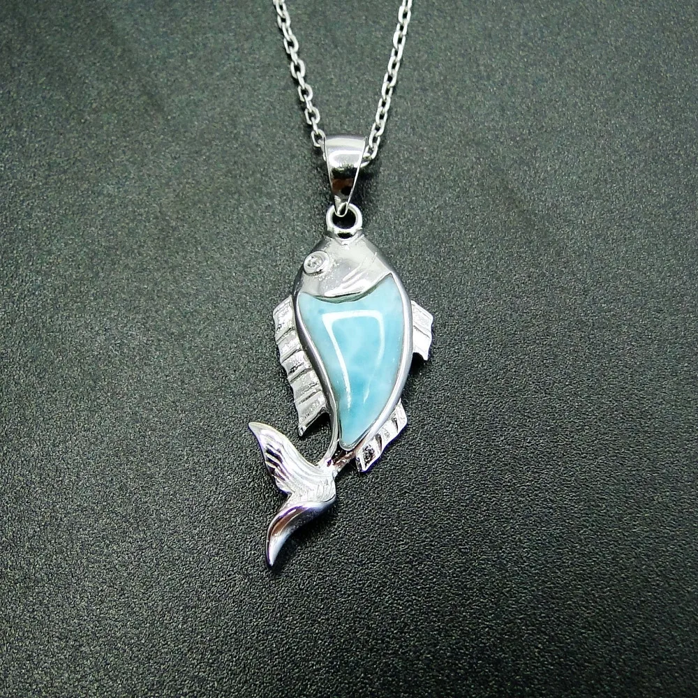 

925 Sterling Silver Pendant with Natural Larimar Blue Cute Fish Charm Pendant for Children's Day Gift Jewelry without Chain