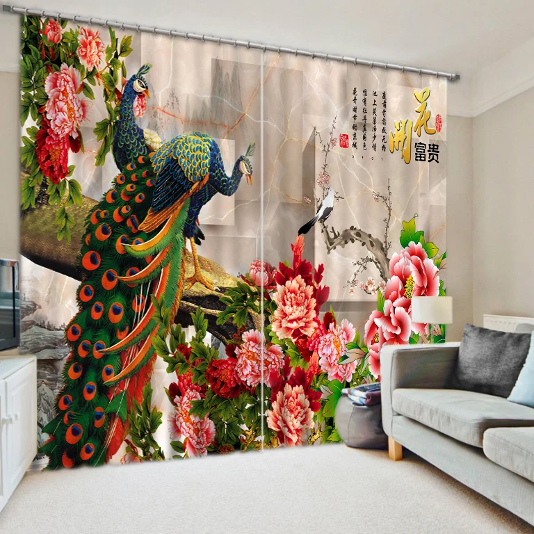 

European Style Top Quality Modern Home Decor Custom 3D Photo peacock flower Curtains for living room
