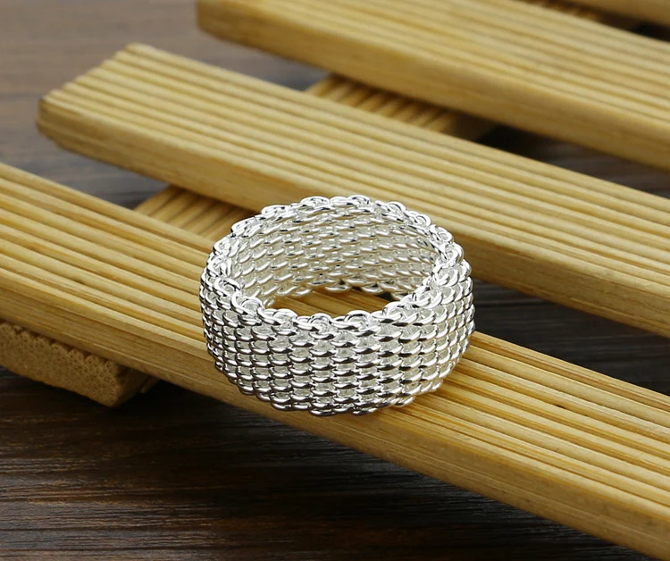 New fashion 9mm wide silver ring. Women solid 925 Sterling silver ring braided mesh ring. Personalized silver jewelry wholesale