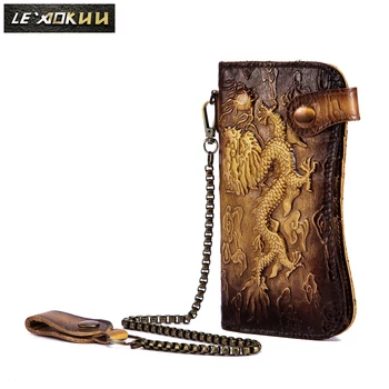 

Quality Unisex Genuine leather Dargon Emboss Fashion Checkbook Iron Chain Organizer Wallet Purse Design Clutch Handbag 1088-GG