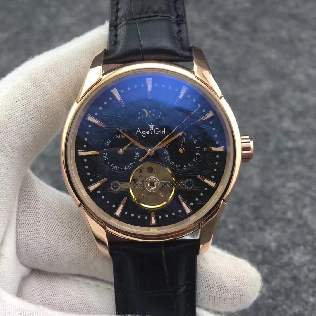 

Luxury Brand New Men Automatic Mechanical Watch Stainless Steel Rose Gold Brown Leather Black Moon Phase Tourbillon Sapphire AAA