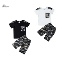 Брендовая модная детская одежда для маленьких мальчиков, футболка с принтом «пакет», топы+ камуфляжные штаны, одежда для малышей, Стильная летняя детская одежда для мальчиков