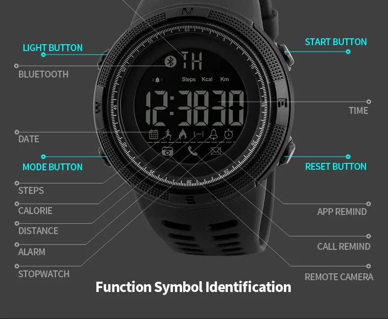 SKMEI дистанционная камера часы Шагомер приложение вызов напоминание браслет спящий монитор мужские часы для Android IOS 1250