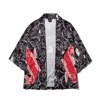 

#3601 Black Japanese Style Kimono Shirt Men Loose Harajuku Fish Printed Shirt Unisex Casual Kimono Cardigan Shirt Thin Summer