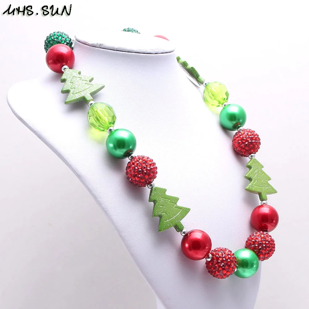 606-1 (4),$5.85-1PC-100g Christmas Style Girls Beads Chunky Necklace Fashion Tree GreenRed Bubblegum Beads Chunky Jewelry Necklace For Kid Child