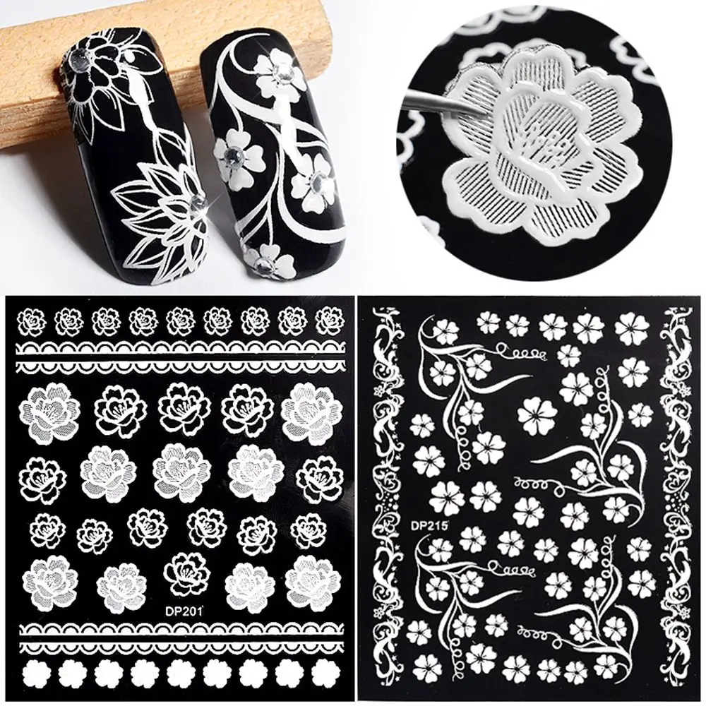 

White Flowers Lace 3D Nail Stickers Decals Self Adhesive DIY Manicure 3D Nail Art Stickers for Nails Design Strips
