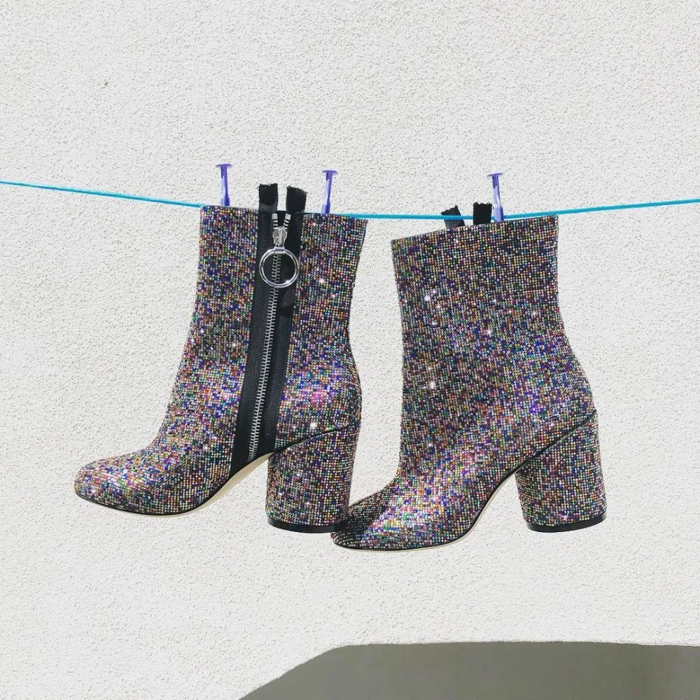 

Brand Chic Women Boots High Heel Glitter Colorful Crystal Embellished Wedding Party Shoes Women Side Metal Zipper Ankle Boots