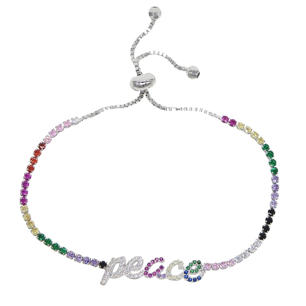 Adjustable Rainbow cz tennis chain Bracelet jewelry with happy peace happy letter charm