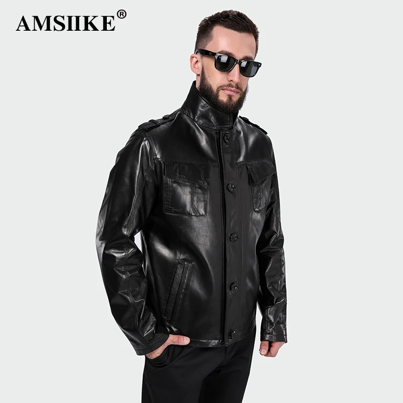 AMSIIKE 2017 Мужская Чёрная Кожаная Куртка Воротник Стойка A13256|jacket jacket|jacket leather jacketjacket