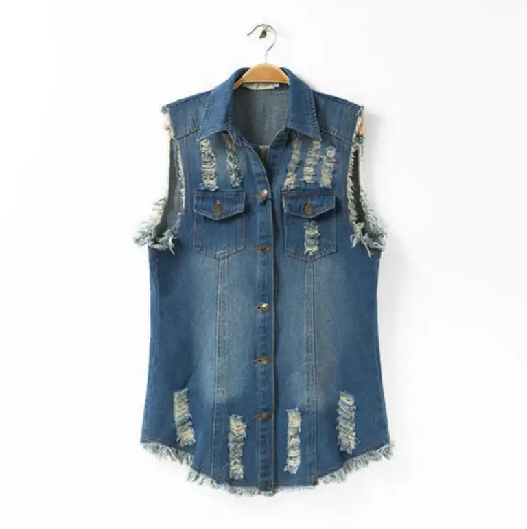 Streetwear Frayed Denim Vest Women Slim Sleeveless vest Spring Hole