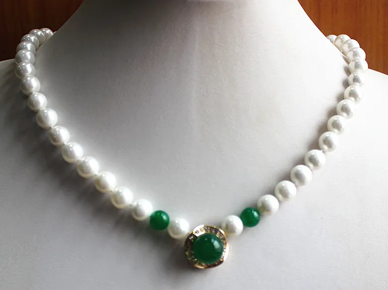 

8mm nice white shell pearl necklace+14mm green jade pendant short necklace