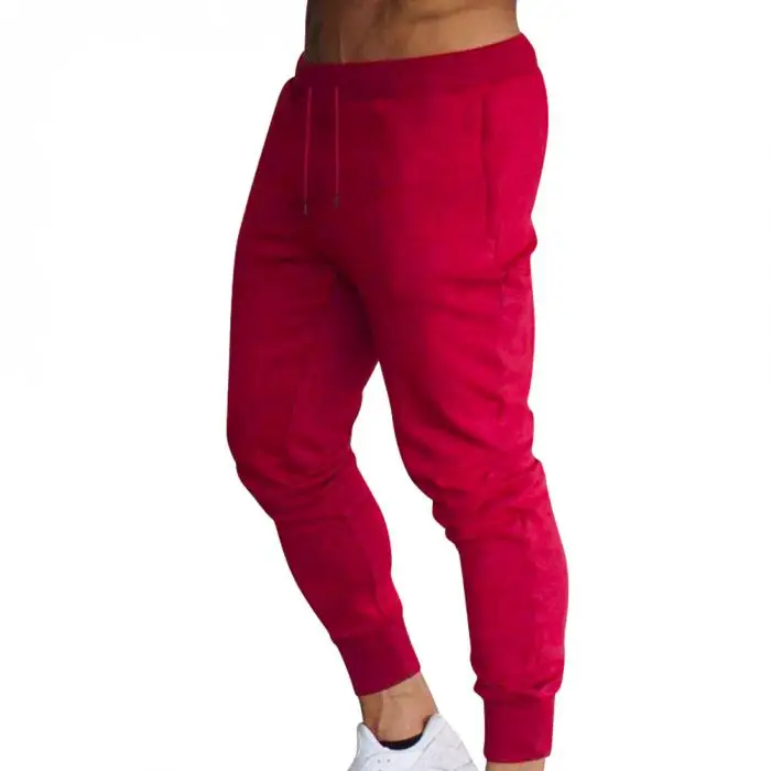 Для мужчин Slim Fit сплошной цвет брюки для девочек мотобрюки шнурок повседневное Бег Спорт HSJ88