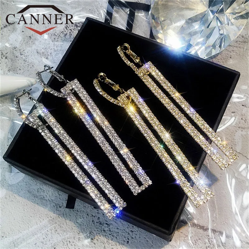 CANNER Fashion Bling Long Geometric Drop Earring Rectangle Rhinestone Dangle Earring for Women Jewelry TH