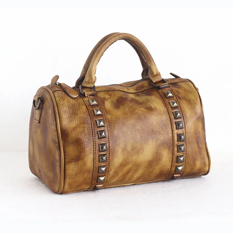 

High Quality Genuine Leather Fashion Women Handmade Vintage Women Travel Shoulder Bag Female Rivet Tote Bag Hot selling