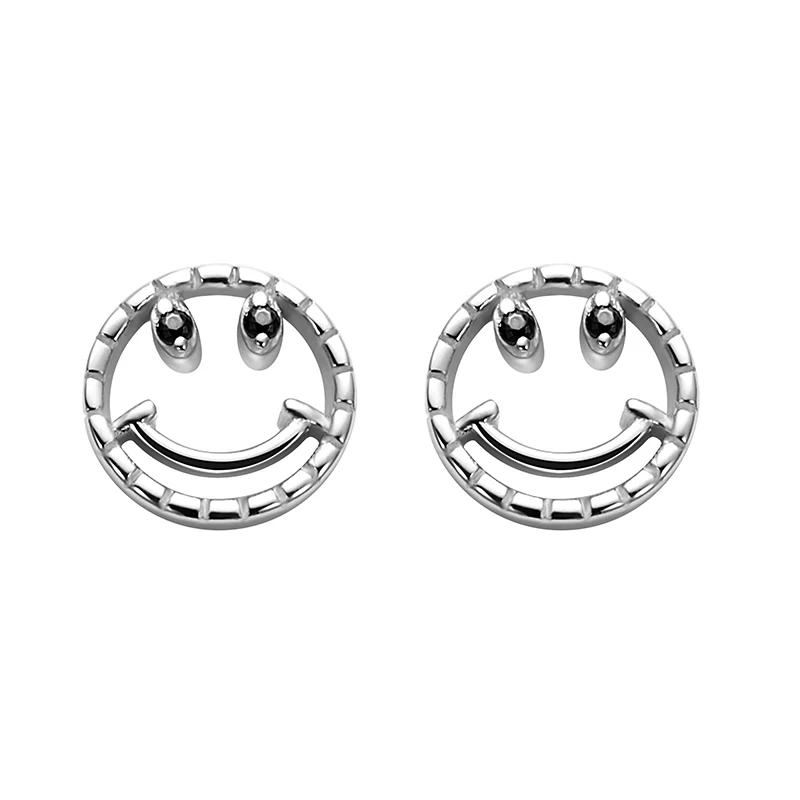 

LEKANI 2019 Fashion 925 Sterling Silver Elegant Hollow Round Smile Face Black Cubic zirconia Eyes Stud Earrings Jewelry Gift