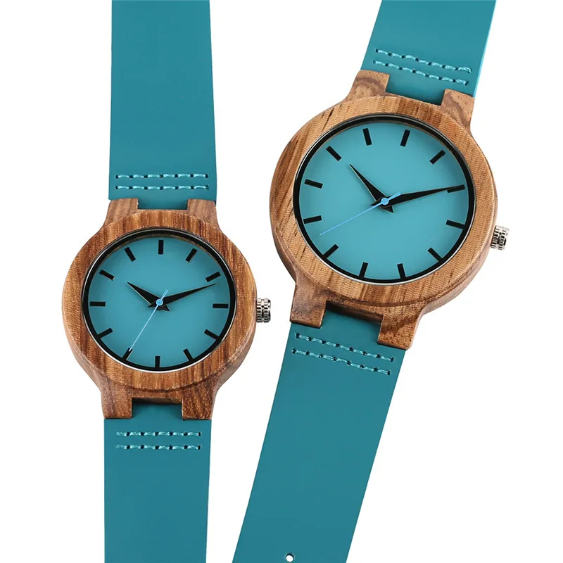 HOT SALE  Unique Fashion Creative Design Couple Wood Watches Quartz Wristwatch Simple Blue Genuine Leather Wa