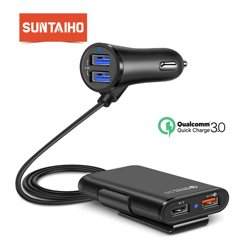 

Suntaiho 4 Ports FAST QC 3.0+2.4A+3.1A USB Car Charger Universal USB Fast Adapter with 5.6ft Extension Cord Cable For Car Phone