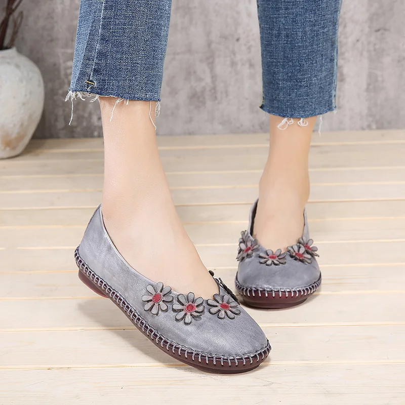 

2018 VALLU Genuine Leather Women Flats Round Toes Handmade Flower Vintage Moccasins Retro Women Autumn Shoes Loafers
