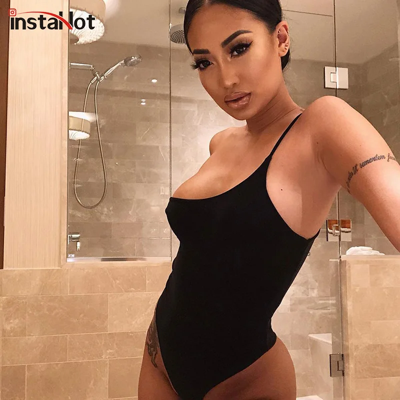 InstaHot واحد الكتف السباغيتي حزام ارتداءها النساء 2019 الصيف مثير بسط الأساسية بوستير قمم أكمام العنق الإناث جديد