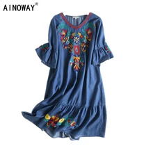 Vintage chic women floral embroidery beach Bohemian midi dress Ladies short sleeve v-neck denim Boho vestidos