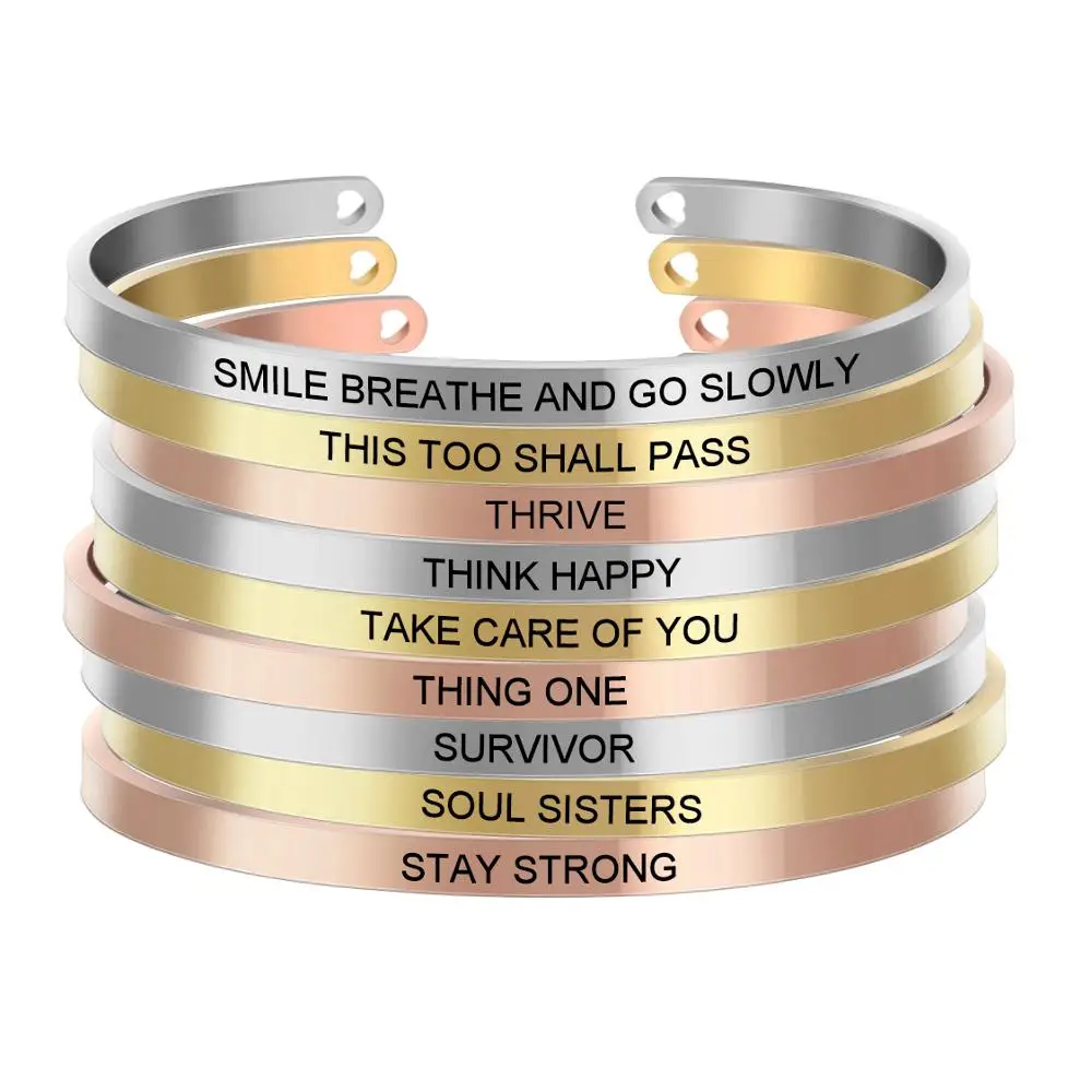 

Customized Laser Engraving Positive Inspirational Quote Stainless Steel Bangles Collection Cuff Mantra Bracelet Bangles SL-052