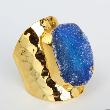 

Luxury Jewelry Royal Blue Rough Raw Druzy Crystal Semi Precious Stone Gold Color Hammered Adjustable Open Ring Unisex Men