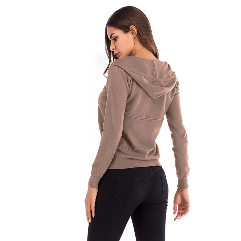 Women's solid color hooded zipper cardigan long-sleeved jacket shirt Coat