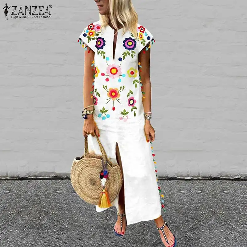 ZANZEA Plus Size Bohemian Floral Printed Sundress Women Summer Short Sleeve Split Hem Long Vestido Robe Casual Tassels Dress