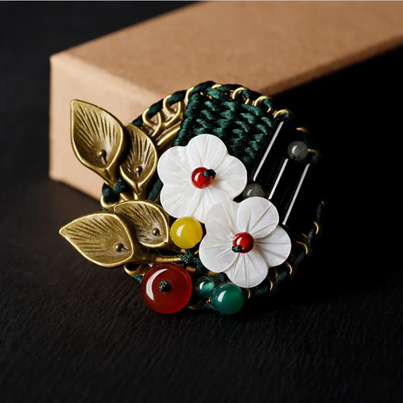 shell flower brooches for women natural black red stone broche vintage brooch pins ethnic jewelry  (9)